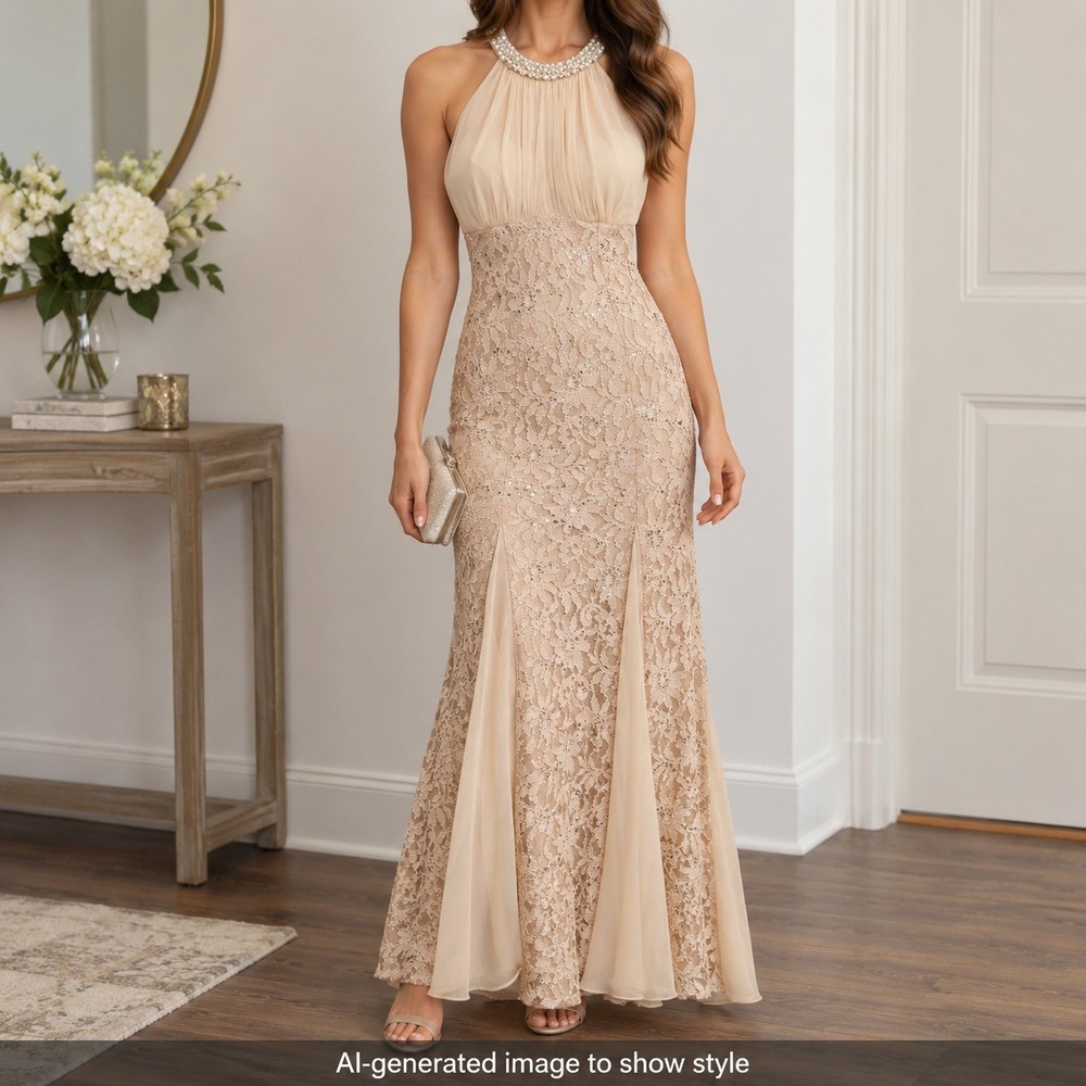 Eureka Champagne Lace Sequin Halter Dress Size S Prom Homecoming Wedding Guest
